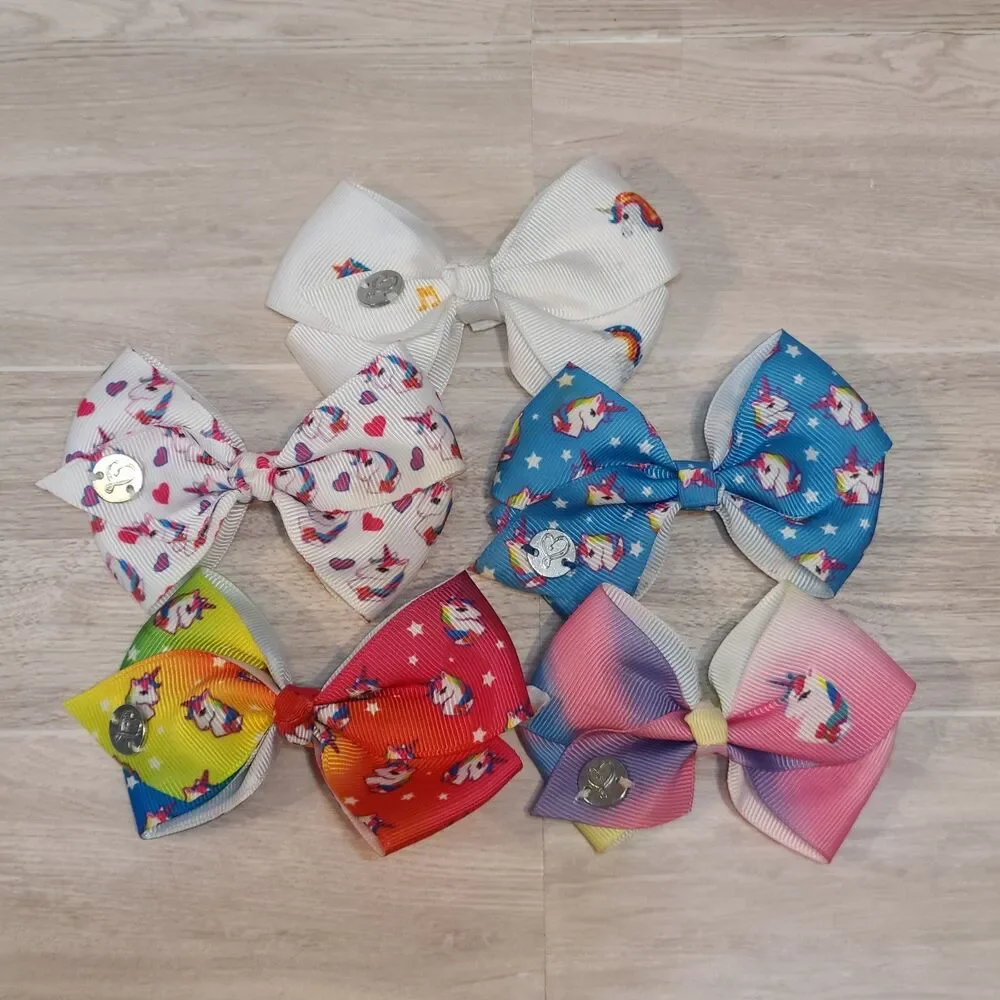 5 Girls Unicorn Ribbon Hair Bows Clips Set Rainbow Pattern Boutique Accessories